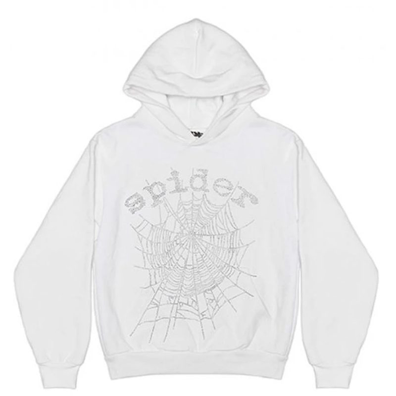 Sp5der OG Rhinestone Logo Hoodie White