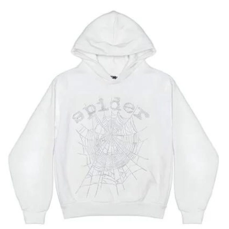 Sp5der OG Rhinestone Logo Hoodie White